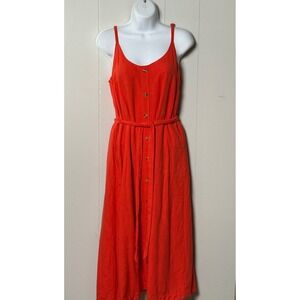 Lulus Women's Orange Red Linen Blend Button Front Midi Dress Belted Size M